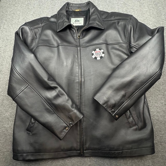 Burks Bay Mens XL Black Leather Bomber Jacket World Series Poker Patch Zip Up - Picture 2 of 15